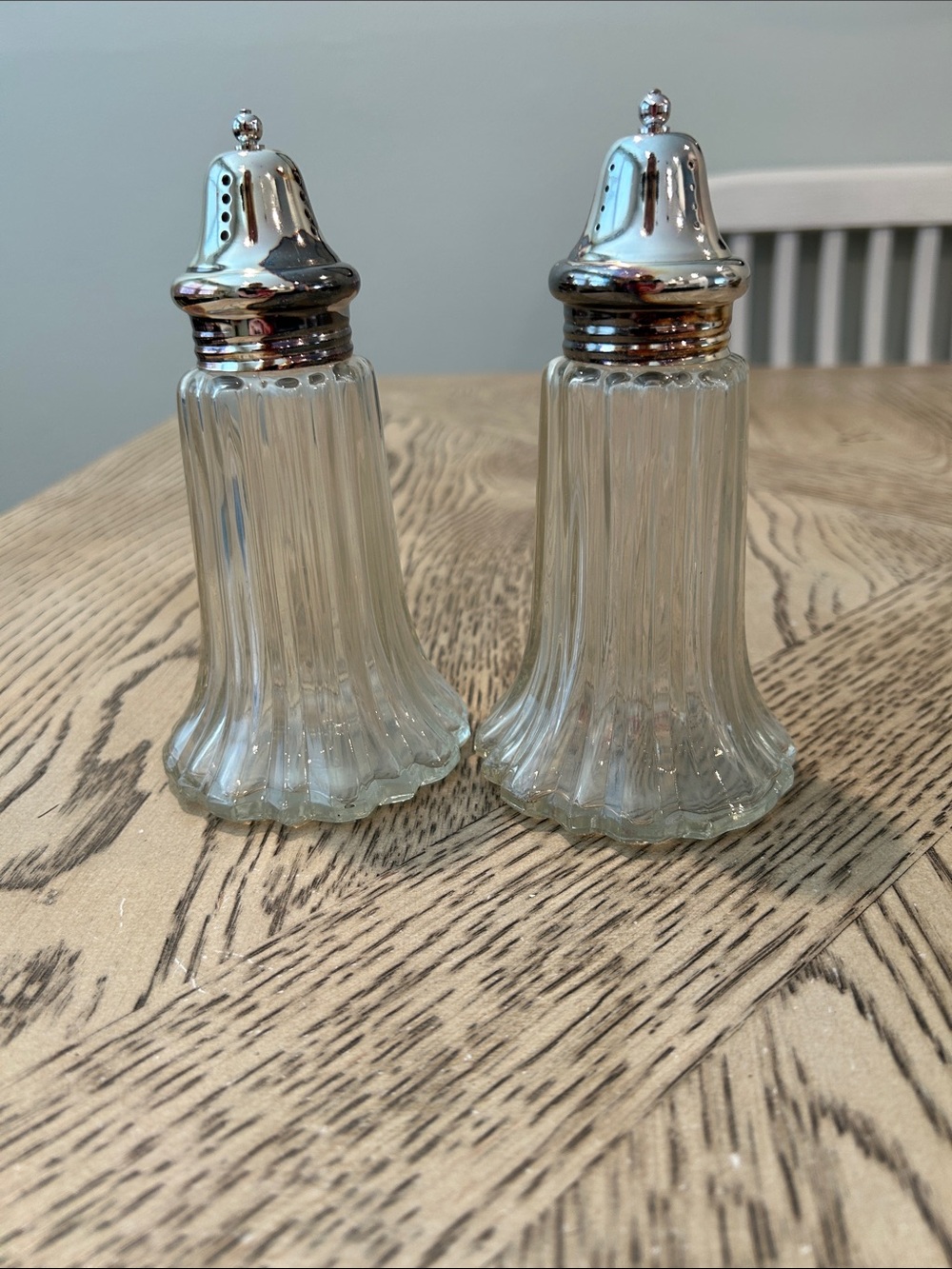 Vintage Ribbed Glass Salt and Pepper Shakers with Silver Tops